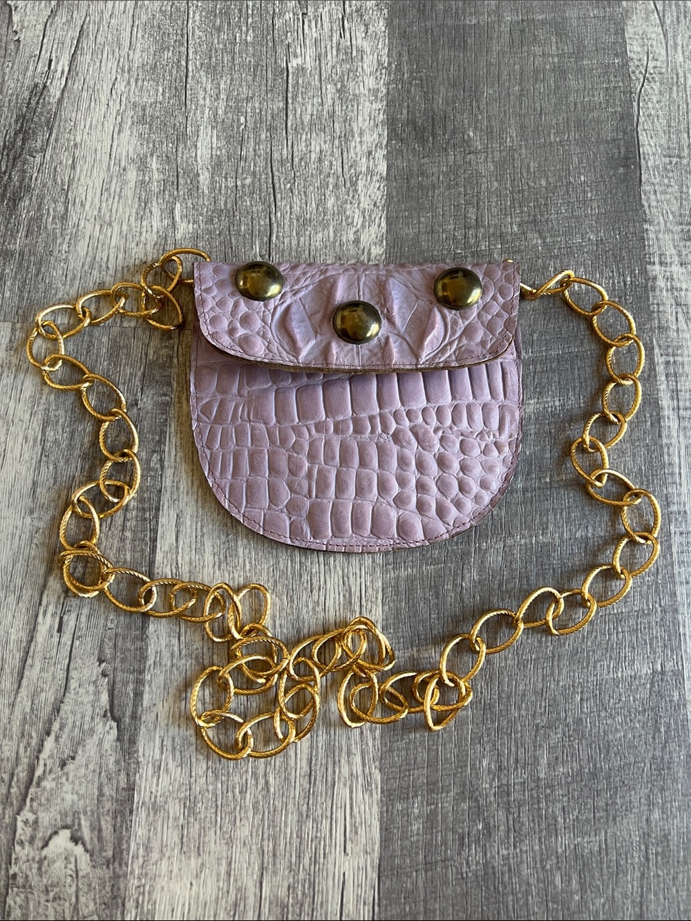 JJ Winters Lavender Croc-Embossed Mini Belt Bag with Gold Chain